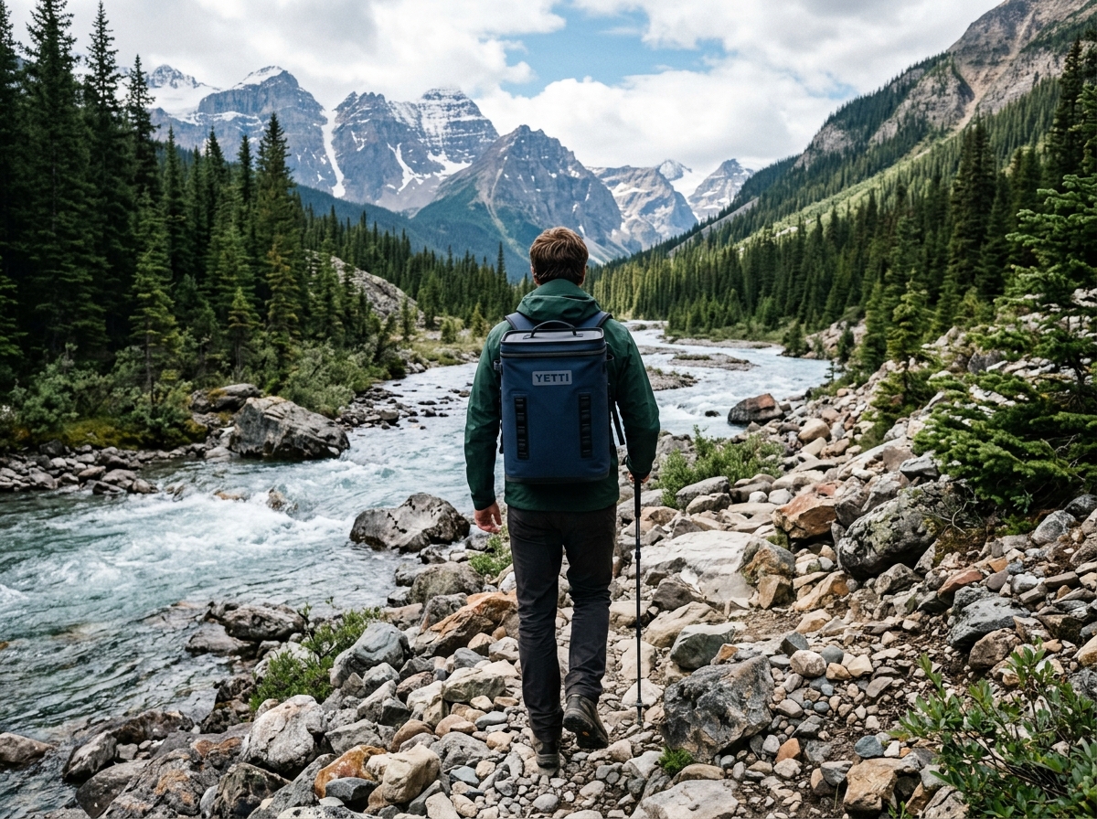 Hiker wearing Navy Blue Yetti Backpack Cooler on Trail