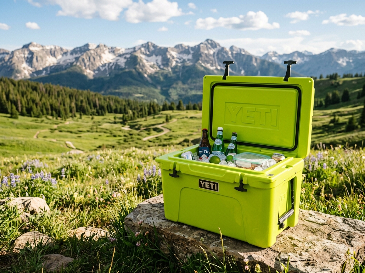 Electric Lime Green YETTI Hard Cooler Open in Meadow