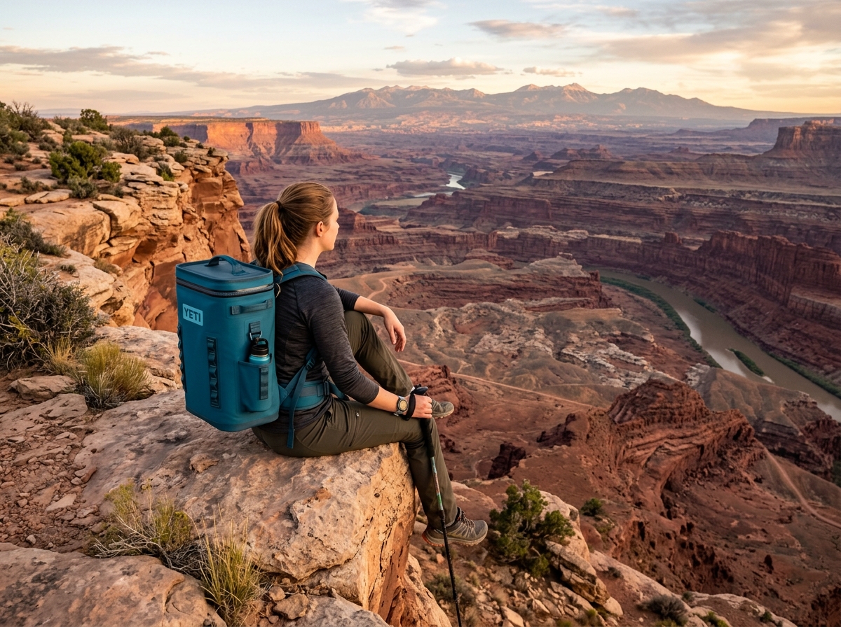 Female hiker sitting on mountain cliff with Teal YETTI Backpack Cooler